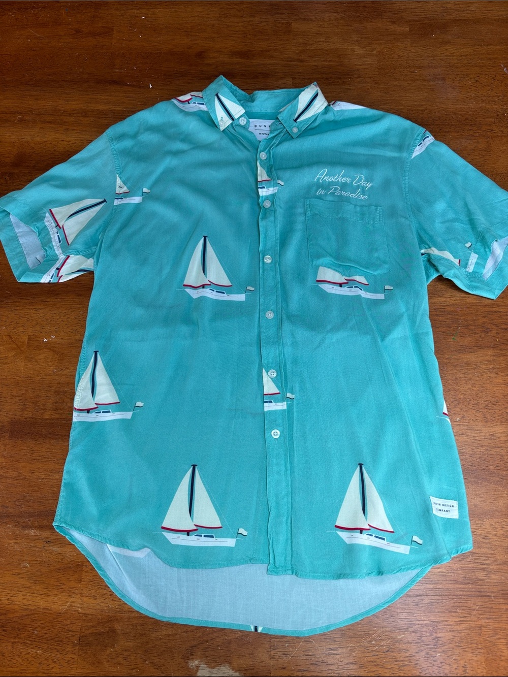 Men's Teal Sailboat Short-Sleeve Button-Down Shirt